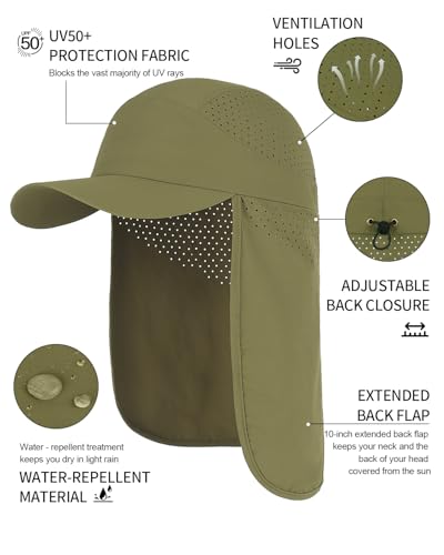UPF 50+ Baseball Cap with Neck Flap, Breathable Fishing Hat for Men Adjustable Sun Hat for Golf Hiking - color: Olive Green