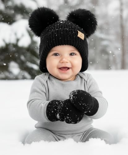 Funky Junque Baby Double Faux Fur Pom Pom Beanie & Mittens Set – Newborn Infant 0–9 Months Winter Hat with Soft Lined Mittens - color: Ear Flap Black W/ Black Mittens (0-9 Months)