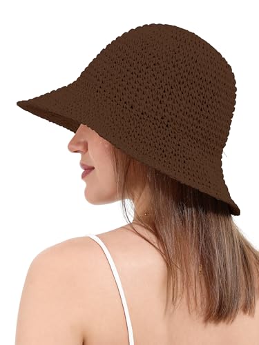 Womens Sun Hat Handmade Crochet Straw Bucket for Summer Foldable Travel Cap - color: Coffee