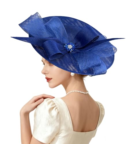 Kgromfy Women's Wide Brim Fascinator Hat Tea Party Headband Large Vintage Church Hat Lady Headwear for Derby Wedding Cocktail - color: Royal Blue