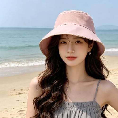 Women's Foldable Wide Brim Bowknot Bucket Hat Sun Protective - color: Dusty Rose