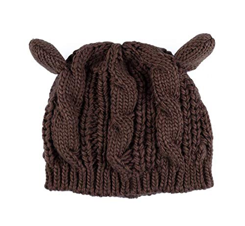 Women Winter Wool Baggy Beret Beanie Cute Devil Cat Ear Crochet Braided Knit Hat Ski Cap - color: Coffee