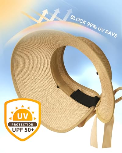 Camptrace Women's Straw Sun Visor Hat UPF Wide Shade Ponytail Summer Hat - color: 01-popular Choice Khaki