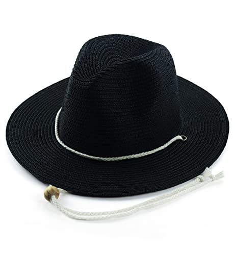 Women Straw Fedora Hat Summer Panama Beach Sun Hats UV UPF50+ Cap - color: Black