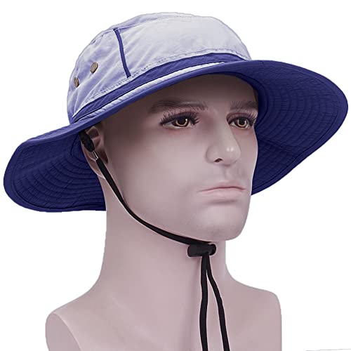 Waterproof Safari Hats | Wide Brimmed Sun Protection Boonie Cap | Explorer Jungle Bush Bucket Hat for Outdoor Hiking Fishing - color: Gray/Blue