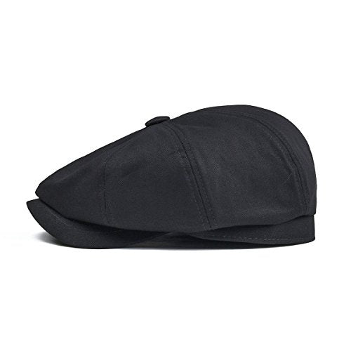 BOTVELA Men's Newsboy Flat Cap 100% Cotton Cabbie Hat - color: Black, size: 7 1/8
