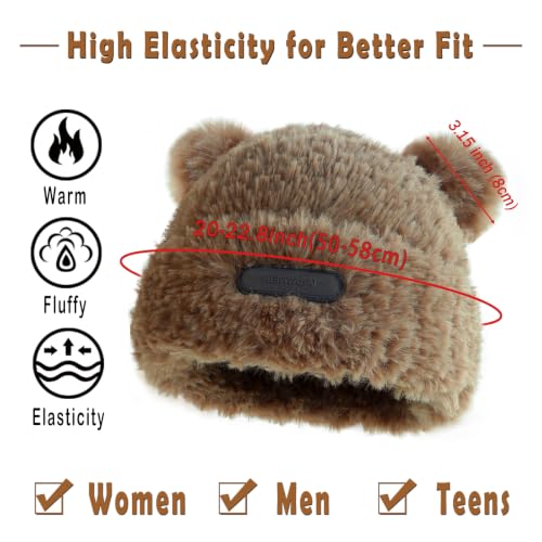 Cute Fuzzy Bear Ears Beanie Hat with Pompom Women's Furry Beanie - color: Black