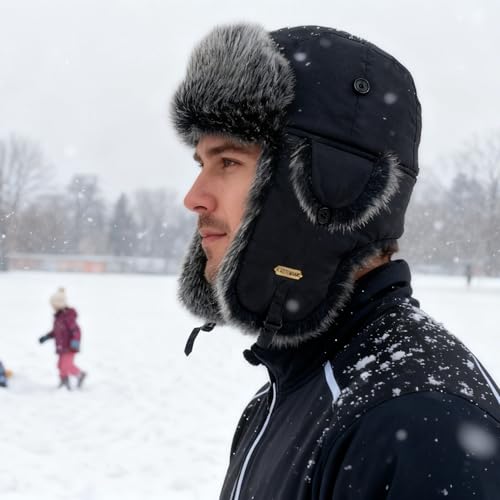 Trapper Hat for Men Women Faux Fur Aviator Russian Ushanka Hat Winter Hunting Hats with Ear Flaps Fur Tropper Bomber Ski Hats - color: Black-blackyang, size: XX-Large-3X-Large