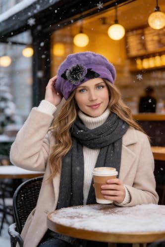 VECRY Women's 100% Wool Bucket Hat Felt Cloche Beret Dress Winter Beanie Hats - color: Angola Purple