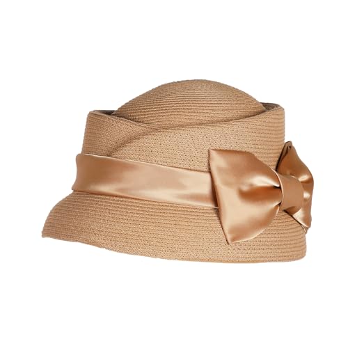 Women’s Vintage Straw Cloche Church Hat with Satin Bow | Elegant Bowler Bucket Hat for Tea Party Wedding Garden Formal Events - color: Khaki