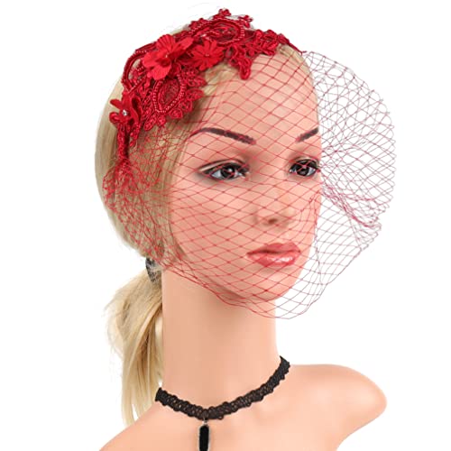 Beaupretty Womens Fascinators Hat Bridal Wedding Veil Mesh Lace Headband Tea Party Headwear Fascinator Veil Headband - color: Red