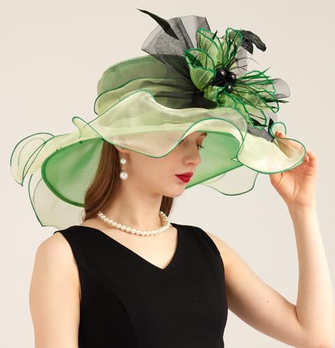 Women Derby Church Hat Organza Flower Wedding Tea Party Fascinator Wide Brim Sun Hat - color: 10-light Green
