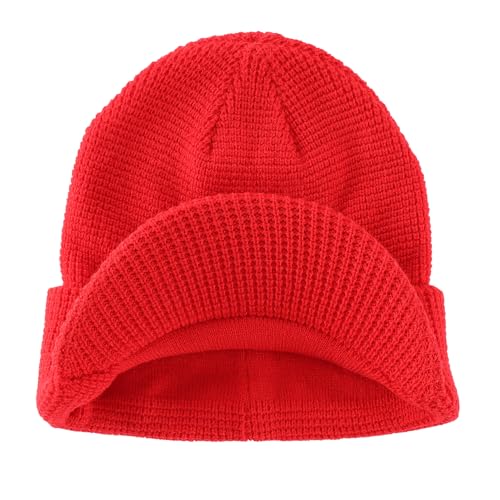Home Prefer Mens Wool Blend Winter Hat Double-Layer Warm Knit Pre-Curve Visor Beanie Brimmed Beanies Hat for Men Women - color: Red