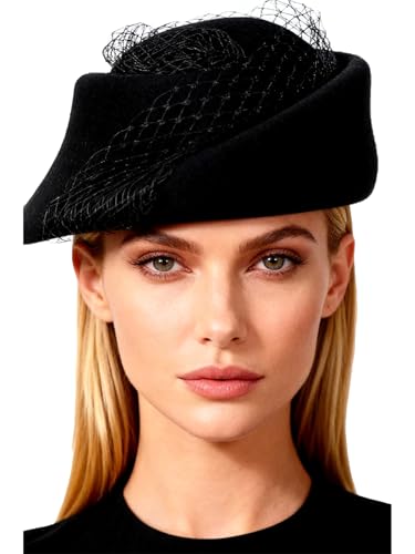 Small Top Hats for Women Elegant Winter Vintage Beret Wool Felt Fedoras Ladies Luxury Wedding and Church Cap Female - color: Black