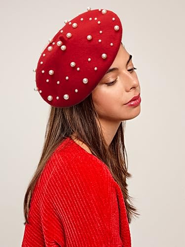 Women Wool Beret Hat, Classic French Artist Hat, Winter Warm Hat for Ladies - color: Red and Pearl
