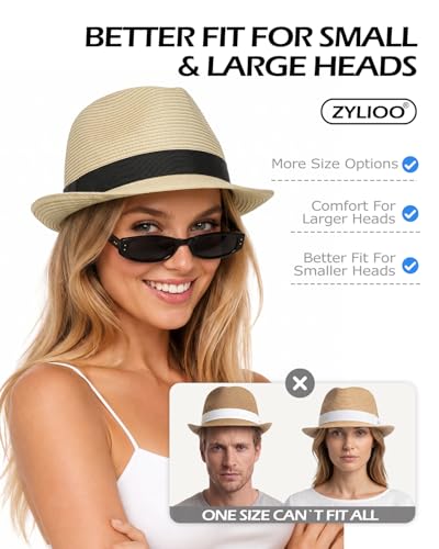 Zylioo XXL XL Straw Hats for Men Big Heads,L M S UV Summer Fedora Panama,UPF Beach Sun Hats for Women Travel Hat - color: Cuban-beige