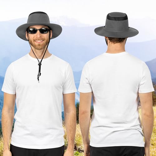 SUN CUBE Wide Brim Sun Hat for Men Women UPF 50+ UV Protection Safari Boonie Hat with Chin Strap, Pocket, Fishing Hiking Hat - color: Gray