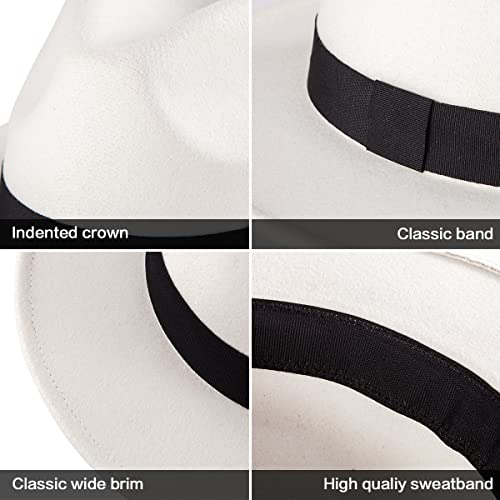 Felt Wide Brim Fedora Hats for Women Men, with Band Belt Buckle, Adjustable - color: P20 White