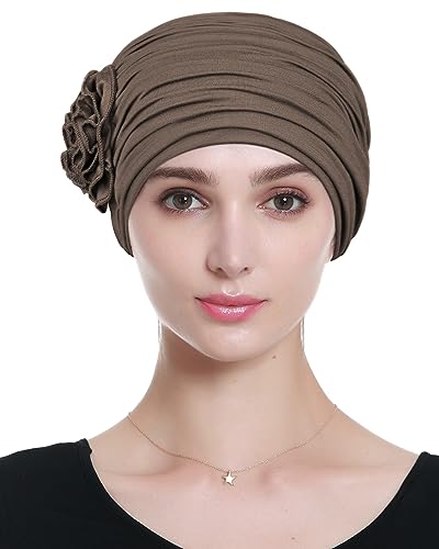 Alnorm Flower Design Chemo Hair Loss Caps Cancer Headwear for Women - color: Brown