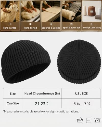 100% Merino Wool Fisherman Beanies for Men Winter Beanie Skull Cap - color: Black