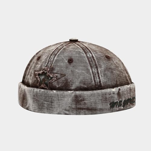 Unisex Washed Denim Distressed Rolled Cuff Brimless Docker Cap - color: Star-coffee