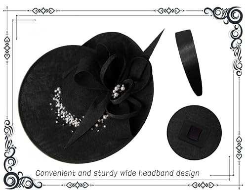 dressfan Vintage Fascinator Hats for Women,Linen Pearl Fascinator for Derby Church Wedding Tea Party - color: Black
