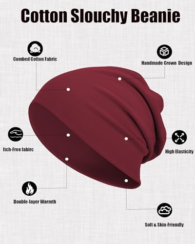 vidsel Slouchy Beanie Hats for Women & Men Cotton Knit Cuffed Skull Cap - color: 1-wine Red