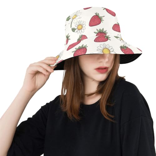 Reversible Bucket Hat for Women Men, Cotton Packable Summer Sun Hat, Double-Side-Wear Fisherman Cap for Beach Travel Hiking - color: Mz-strawberry1 Hat