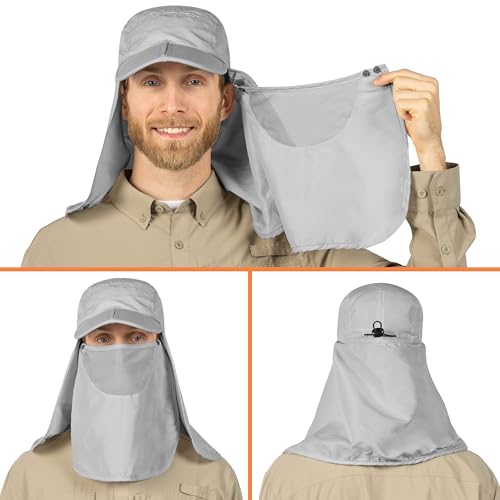 SUN CUBE Fishing Sun Hat with Neck Flap & Face Cover, Wide Brim UPF50+ Cap - color: Light Grey
