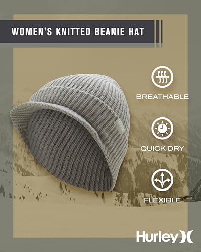 Hurley Womens Caylin Ribbed Cable Knit Beanie with Visor - color: Light Grey