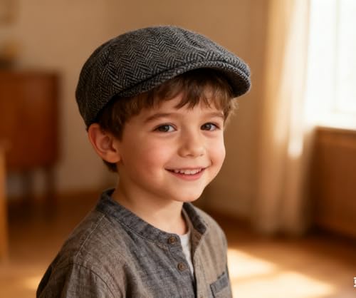 Kids Vintage-Herringbone-Tweed-Wool-Blend-Newsboy-Ivy-Hat-Flat-Beret-Hat - color: Dark Gray