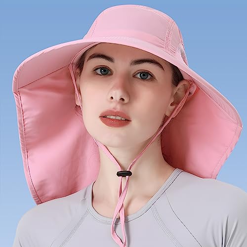 Womens Sun Hat UV Protection, Foldable Waterproof Wide Brim Bucket Hats with Neck Flap for Summer Beach Fishing Hiking - color: Pink