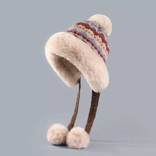 Fashion Knit Pullover Hat Women's Winter Earflap Hat Cap Fleece-Lined Thickened Windproof Vintage Hat - color: Red