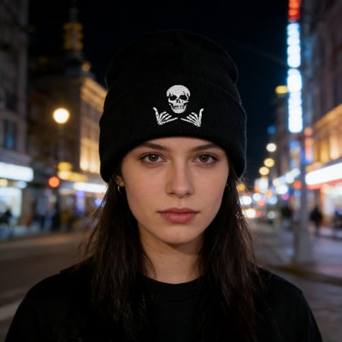Embroidered Skeleton Beanie Hat Winter Stretch Knit Skull Cap for Men Women - color: Sk-black/White