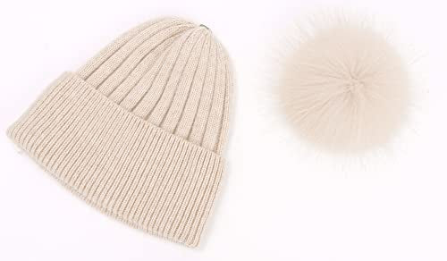 Women's Winter Ribbed Cuffed Beanie Skull Cap with Genuine Raccoon Fur Pom - color: Pink Beige