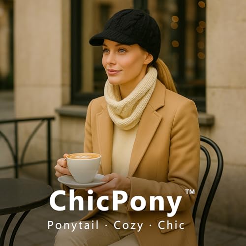 ChicPony™ Merino Wool Visor Ponytail Beanie with Brim Fleece Lined 3 Bun Openings Hole Warm Windproof Knit Cap Winter Hat - color: Classic Black(pony)