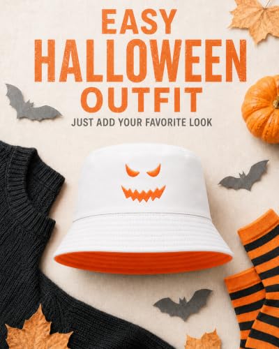 Reversible Halloween Pumpkin Bucket Hat, Cute and Spooky Hat for Adults - color: Orange/White