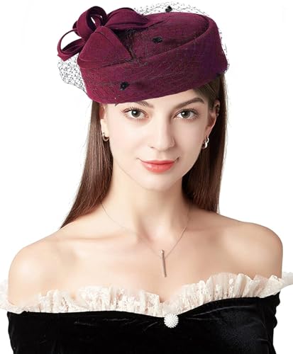 Women's Vintage 100% Wool Felt Cloche Bucket Bowler Hat Winter Vintage Bow Fedoras Church Fascinator - color: A3-wine