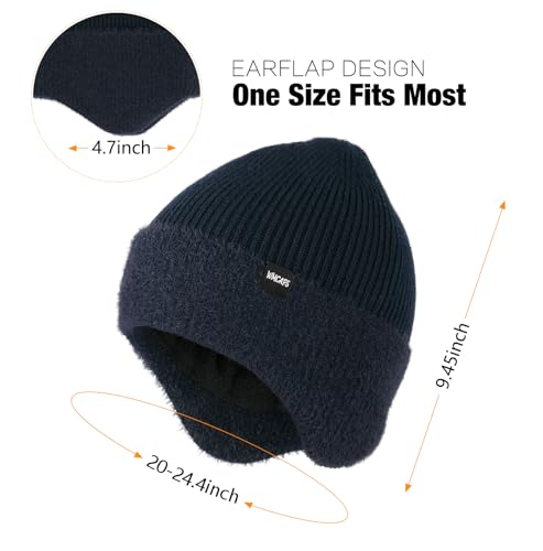 Wmcaps Winter Fleece Lined Beanie with Earflaps for Men Women Outdoor - color: Navy Blue