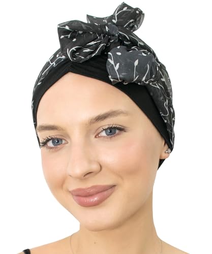 CAPLORD Chemo Headwrap for Women Turban Headwear for Cancer Patients Skull Cap Hair Loss Cover Lightweight Head Covering Hat - color: Black White Twigs
