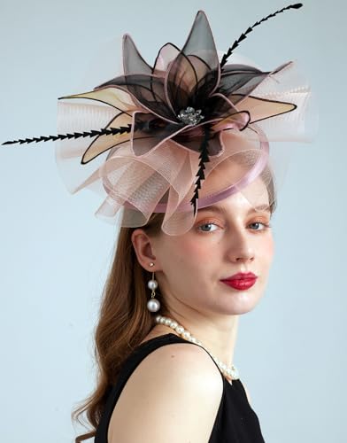 Women Organza Derby Hat Fascinator Tea Party Wedding Church Derby Hat Fascinator Hats Dual-use - color: 02a Pink Orange