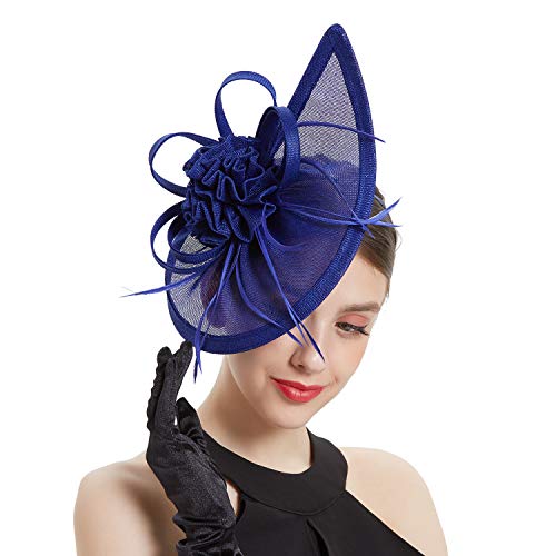Fascinators Hat for Women Tea Party Headband Mini top Hats Cocktail Flower Mesh Feathers Hair Clip - color: Blue-2