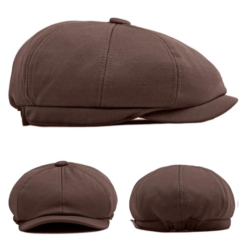 Men's 8 Panel Newsboy Cap Vintage Peaked Cap Adjustable Flat Cap Irish Cabbie Ivy Driving Hunting Hat - color: Coffee