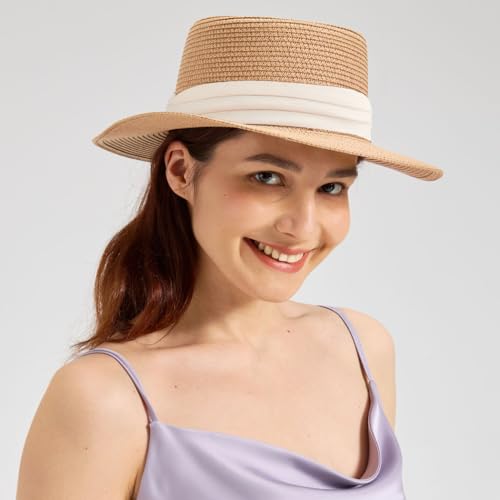 Womens Summer Straw Sun Hat Wide Brim Beach Hat with Wind Lanyard - color: Khaki With Beige Band