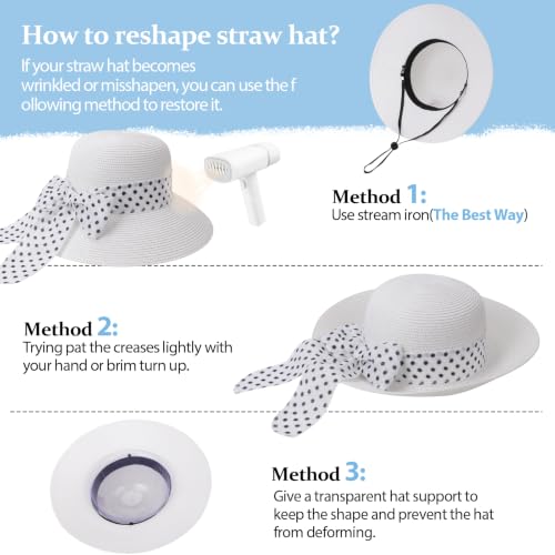 DRESHOW Sun Hats for Women Summer Wide Brim Beach Straw Hat Bowknot Bucket Hats Foldable Floppy Beach Sun Hat UPF 50+ - color: 1 Pack Polka Dot Bowknot Ribbon Hat: White
