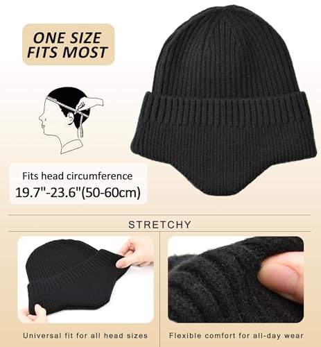 HiRui Knitted Beanie Hats Winter Hats Ear Covers for Men Women Kids Warm Slouchy - color: Black
