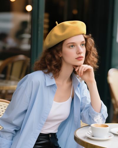 French Beret Hats for Women - Wool Solid Color Beanie Cap - color: Topaz Yellow