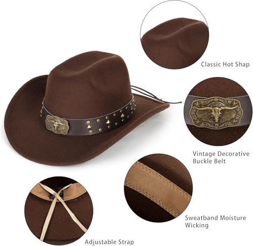 Classic Felt-Western-Cowboy-Cowgirl-Hats for Women-Men Fedora-Jazz-Hat(L) - color: A-coffee, style: Decoration Belt