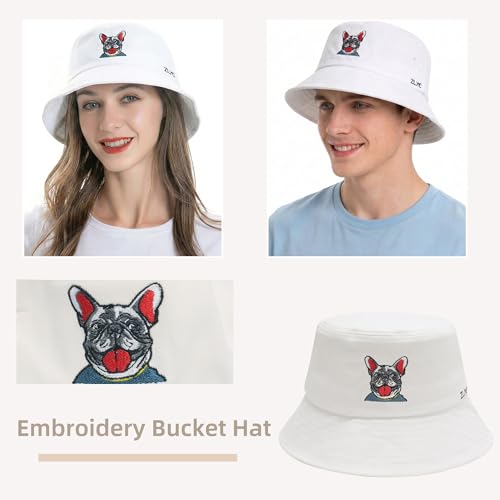 ZLYC Cotton Bucket Hat for Women Men Embroidered Packable Summer Sun Cap - color: Bulldog White