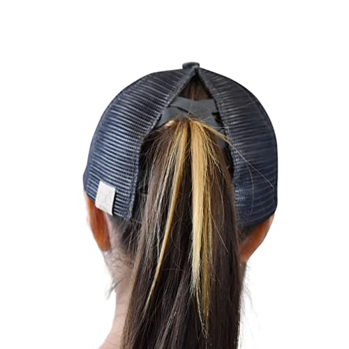 C.C. Childrens' Kids' Girls' Criss Cross High Bun Adjustable Mesh Trucker Baseball Cap - color: Bee Happy, Charcoal